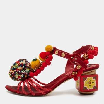 Pre Owned Dolce & Gabbana Multicolor Leather and Fabric Pom Pom Embellished T-Strap Sandals Size 39