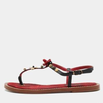 Pre Owned Dolce & Gabbana Red/Black Lizard Embossed Leather Thong Sandals Size 36