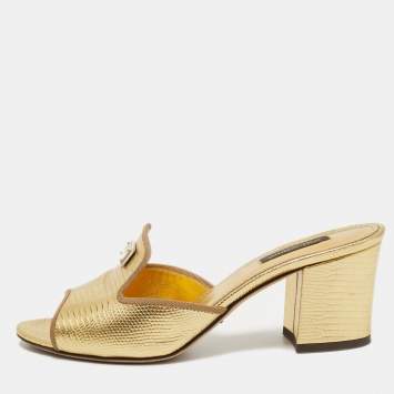 Pre Owned Dolce & Gabbana Gold Lizard Embossed Leather Slide Sandals Size 38