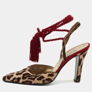 Pre Owned Dolce & Gabbana Brown/Beige Leopard Print Velvet Ankle Wrap Pumps Size 39