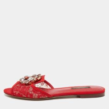Pre Owned Dolce & Gabbana Red Lace Crystal Embellished Bianca Flat Slides Size 37