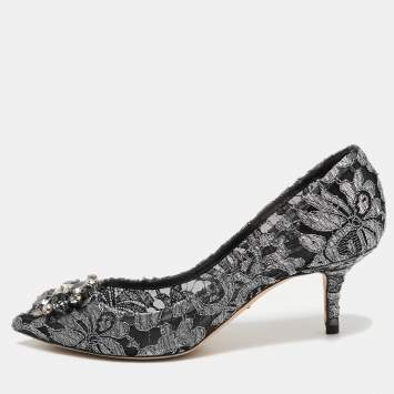 Pre Owned Dolce & Gabbana Metallic Grey/Black Lace Bellucci Pumps Size 39