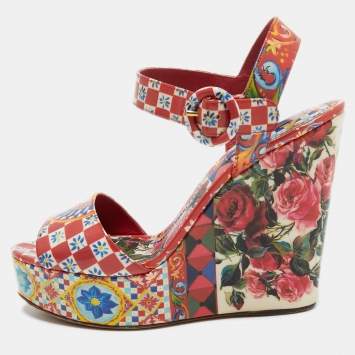 Pre Owned Dolce & Gabbana Multicolor Printed Leather Wedge Platform Ankle Strap Sandals Size 38