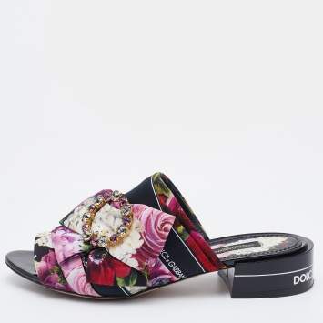 Pre Owned Dolce & Gabbana Multicolor Floral Print Fabric Embellished Slide Sandals Size 36