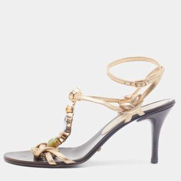 Pre Owned Dolce & Gabbana Gold Leather Crystal Embellished T Strap Sandals Size 37