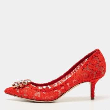 Pre Owned Dolce & Gabbana Red Lace Bellucci Crystal Embellished Pumps Size 39.5