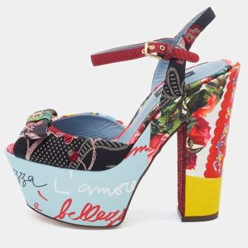 Pre Owned Dolce & Gabbana Multicolor Patchwork Fabric Platform Ankle Strap Block Heel Sandals Size 38.5