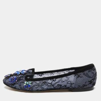 Pre Owned Dolce & Gabbana Navy Blue/Black Lace and Suede Vally Embellished Ballet Flats Size 37
