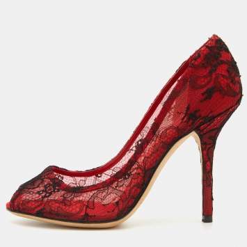 Pre Owned Dolce & Gabbana Red/Black Satin and Lace Peep Toe Pumps Size 38.5