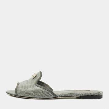 Pre Owned Dolce & Gabbana Grey Lizard Embossed Leather Sofia Slide Flats Size 39