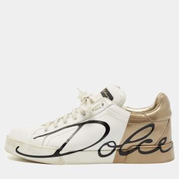 مملوكة مسبقًا Dolce & Gabbana White/Gold Leather Portofino Sneakers Size 38