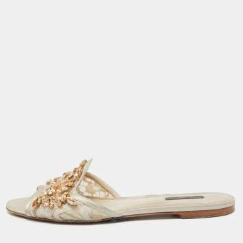 Pre Owned Dolce & Gabbana Light Grey Satin and Lace Crystal Embellished Flat Slides Size 40