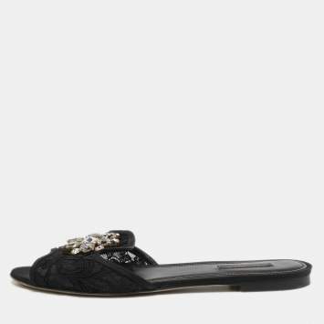 Pre Owned Dolce & Gabbana Black Lace Crystal Embellished Flat Slides Size 40.5