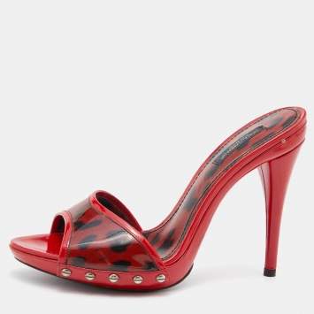 Pre Owned Dolce & Gabbana Red Leopard Print Patent Leather Platform Slide Sandals Size 39
