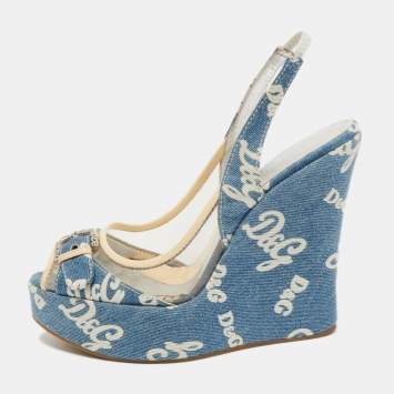 Pre Owned Dolce & Gabbana Blue Logo Print Denim and PVC Wedge Slingback Sandals Size 40