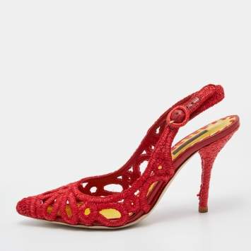 Pre Owned Dolce & Gabbana Red Woven Raffia Slingback Pumps Size 38