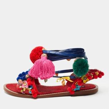 Pre Owned Dolce & Gabbana Multicolor Leather Pom Pom and Embellished Ankle Tie Flat Sandals Size 40
