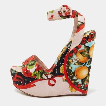 Pre Owned Dolce & Gabbana Multicolor Brocade Fabric  Wedge Platform Ankle Strap Sandals Size 38.5