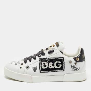 Pre Owned Dolce & Gabbana White/Black Leather Studded and Applique Portofino Low Top Sneakers Size 39.5