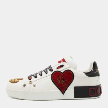 Pre Owned Dolce & Gabbana White Leather Portofino Heart Low Top Sneakers Size 39.5