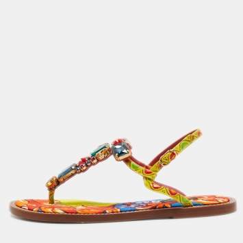 Pre Owned Dolce & Gabbana Multicolor Printed Patent Leather Crystals Embellished Thong Flats Size 41