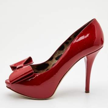 Pre Owned Dolce & Gabbana Red Patent Leather Bow Peep Toe Platform Pumps Size 39