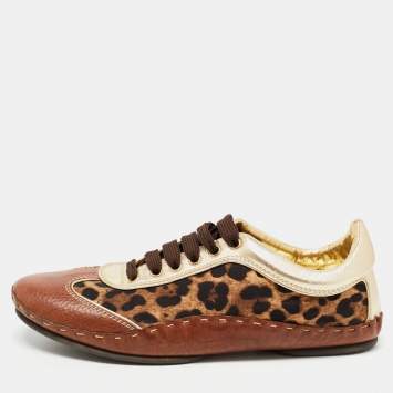 Pre Owned Dolce & Gabbana Brown Leather and Canvas Leopard Print Low Top Sneakers Size 40.5