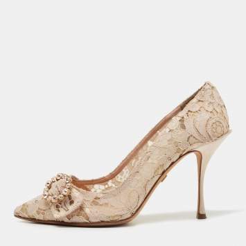 Pre Owned Dolce & Gabbana Beige Lace Crystal Embellishment Pointed Toe Pumps Size 40.5