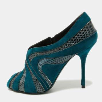 Pre Owned Dolce & Gabbana Teal Suede and Snakeskin Peep Toe Ankle Booties Size 38.5