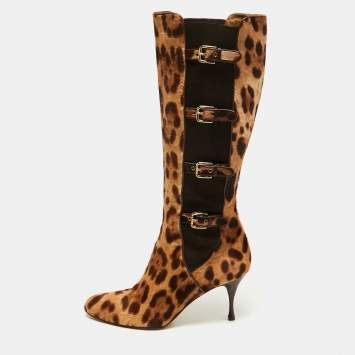 Pre Owned Dolce & Gabbana Brown/Brown Leopard Print Calf Hair Knee Length Boots Size 41