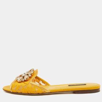 Pre Owned Dolce & Gabbana Yellow Lace Crystal Embellished Bianca Flat Slides Size 37