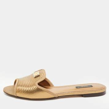 Pre Owned Dolce & Gabbana Metallic Gold Lizard Embossed Leather Flat Slides Size 39