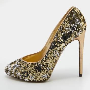 Pre Owned Dolce & Gabbana Metallic Gold/Silver Sequins Round Toe Pumps Size 36