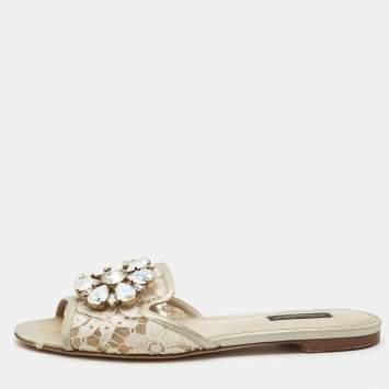 Pre Owned Dolce & Gabbana White/Grey Satin Crystal Embellishment Flat Slides Size 37   