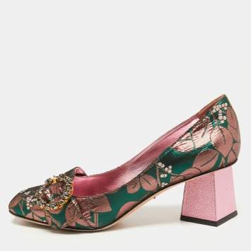 Pre Owned Dolce & Gabbana Green/Pink Floral Brocade Fabric Embellished Block Heel Pumps Size 39