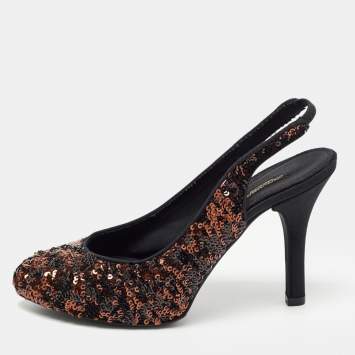 Pre Owned Dolce & Gabbana Black/Brown Sequins Slingback Pumps Size 36
