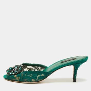 Pre Owned Dolce & Gabbana Green Lace and Mesh  Keria Crystal Embellished Slide Sandals Size 39
