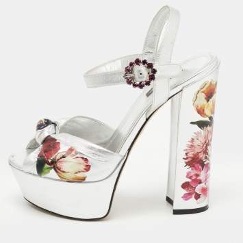 Pre Owned Dolce & Gabbana Silver Knotted Leather Floral Print Platform Ankle Strap Sandals Size 39