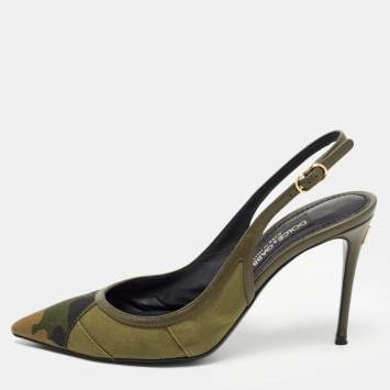 Pre Owned Dolce & Gabbana Army Green Canvas Camouflage Patchwork Slingback Pumps Size 37