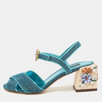Pre Owned Dolce & Gabbana Blue Lurex Fabric and Leather Block Heel Sandals Size 39