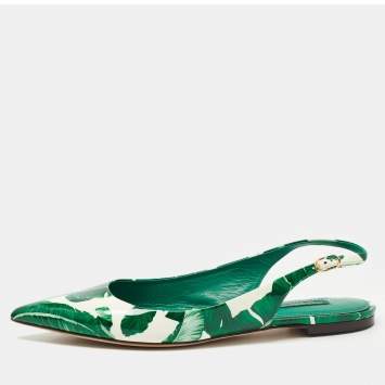 Pre Owned Dolce & Gabbana Green/White Printed Patent Leather Slingback Flats Size 41