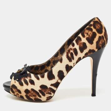 Pre Owned Dolce & Gabbana Beige/Brown Leopard Print Pony Hair Bow Peep Toe Pumps Size 40