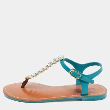 Pre Owned Dolce & Gabbana Teal Rubber Crystal Embellished Thong Flat Sandals Size 38
