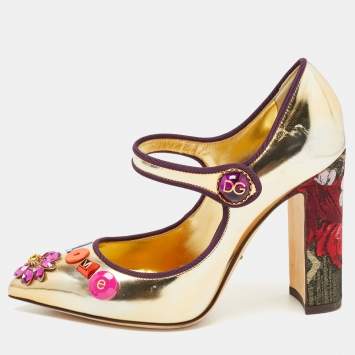 Pre Owned Dolce & Gabbana Gold Leather Embellished Mary Jane Pumps Size 36