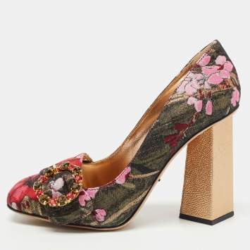 Pre Owned Dolce & Gabbana Multicolor Floral Brocade Fabric Crystal Embellished Block Heel Pumps Size 36