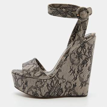 Pre Owned Dolce & Gabbana Black/White Chantilly Lace Printed Wedge Sandals Size 38.5