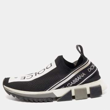 Pre Owned Dolce & Gabbana Black/White Logo Print Knit Fabric Sorrento Sneakers Size 37.5
