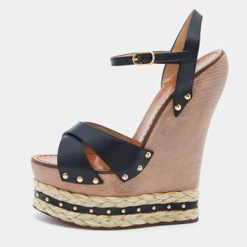 Pre Owned Dolce & Gabbana Black Leather and Raffia Wooden Platform Wedge Sandals Size 37