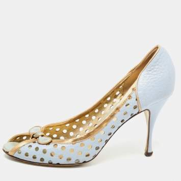 Pre Owned Dolce & Gabbana Blue/Gold Perforated Leather Bow Detail Peep Toe Pumps Size 41.5