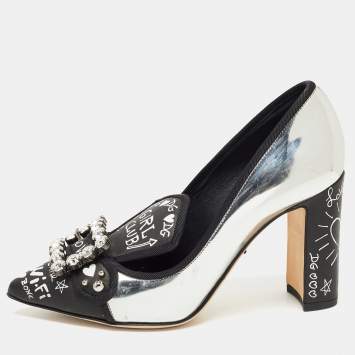 Pre Owned Dolce & Gabbana Silver/Black Leather Printed Crystal Embellished Pumps Size 36